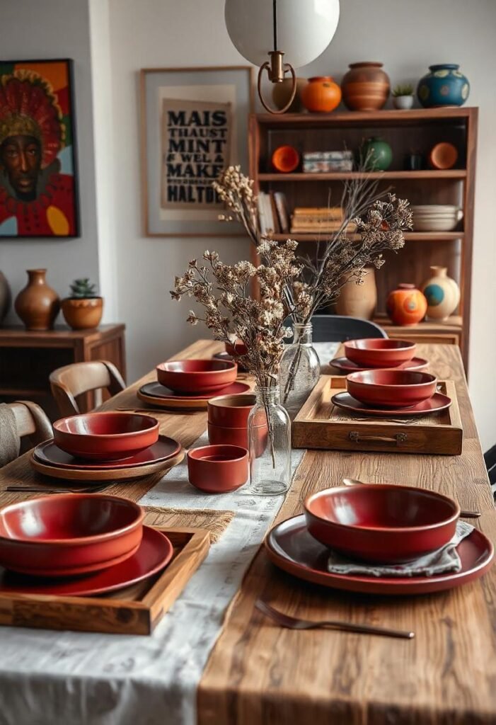 Scandinavian dining table with matte ceramic plates and wooden serving trays.