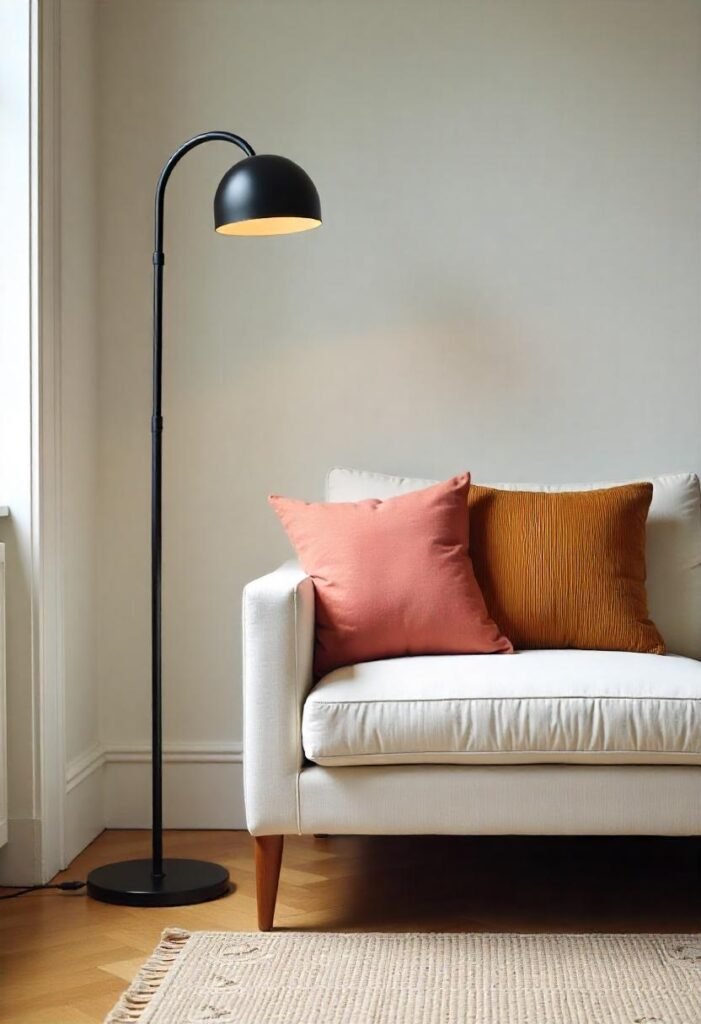 Scandinavian floor lamp with a slim black frame beside a white sofa and a jute rug.