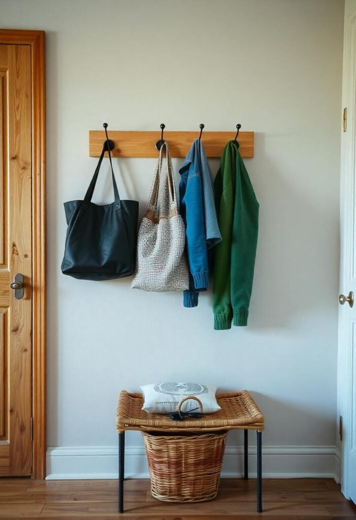 Scandinavian entryway with wooden hooks, a bench, and a woven basket for storage.