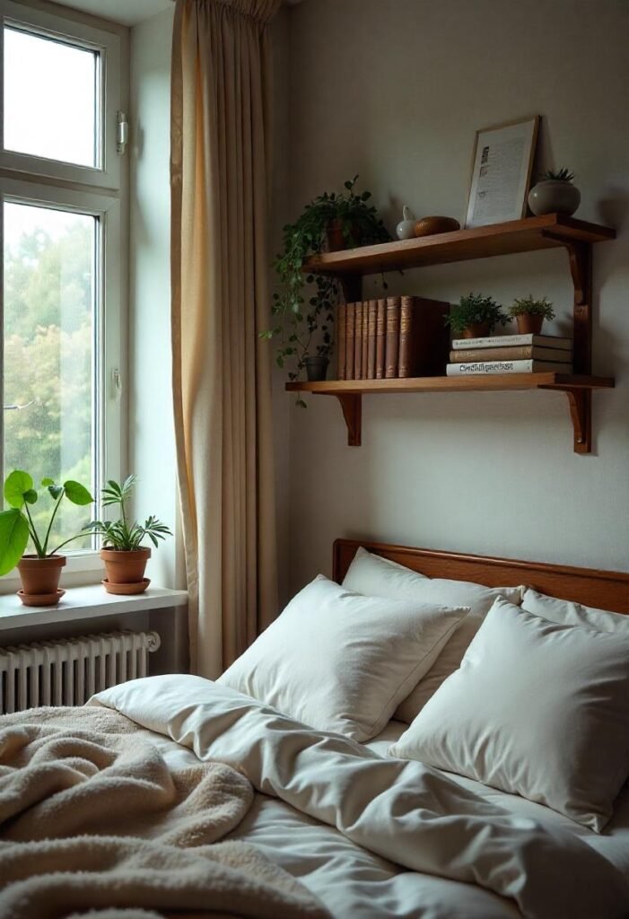 A small apartment bedroom with a tall floating shelf above the bed, showcasing books and plants, creating an organized, open space.