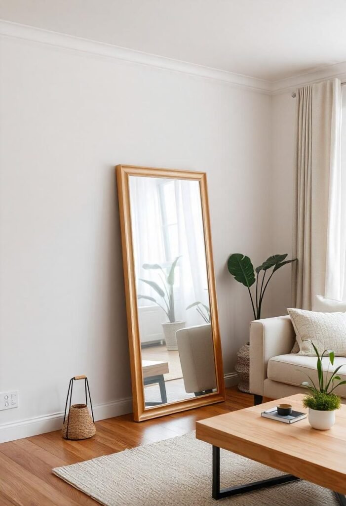 A small apartment living room with a large leaning mirror reflecting natural light, creating a spacious and airy feel.