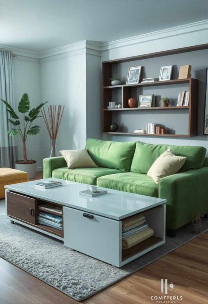 A small apartment living room with a multifunctional coffee table and a sofa that converts into a bed, optimizing space and functionality.