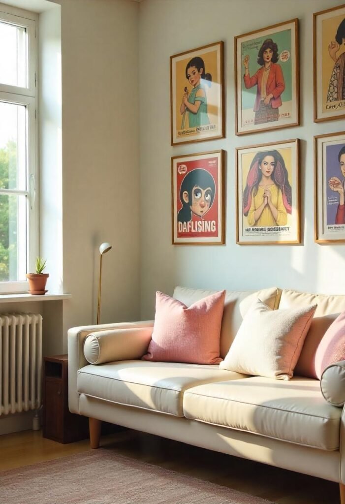 A small apartment living room with light pastel walls and a neutral sofa, accented with colorful cushions and modern art, creating an airy atmosphere.