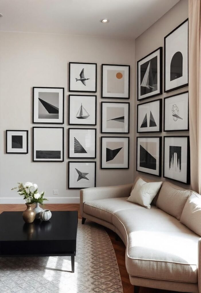 A cozy living room with a gallery wall of framed art prints, adding personality and color to a small apartment.