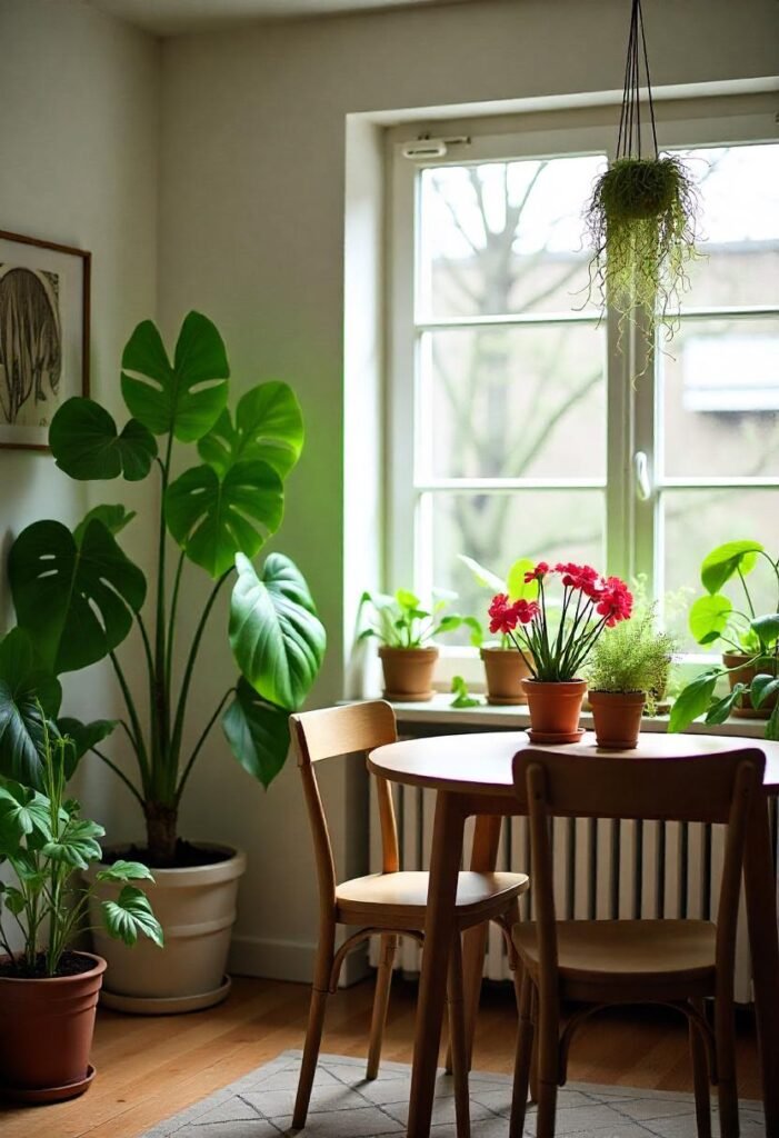 A small apartment filled with both faux and real plants, creating a refreshing, nature-inspired atmosphere.