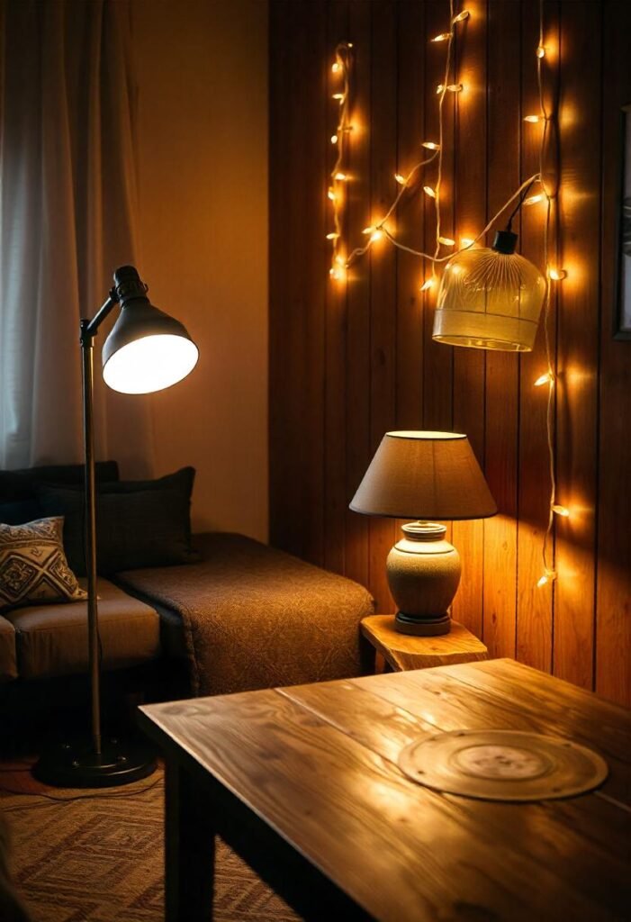 A cozy living room with layered lighting from floor lamps, table lamps, and string lights, creating a warm, spacious atmosphere.