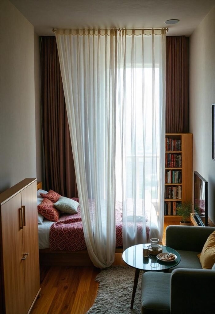 A small apartment with curtains dividing the bed from the living area, offering both privacy and a sense of space.