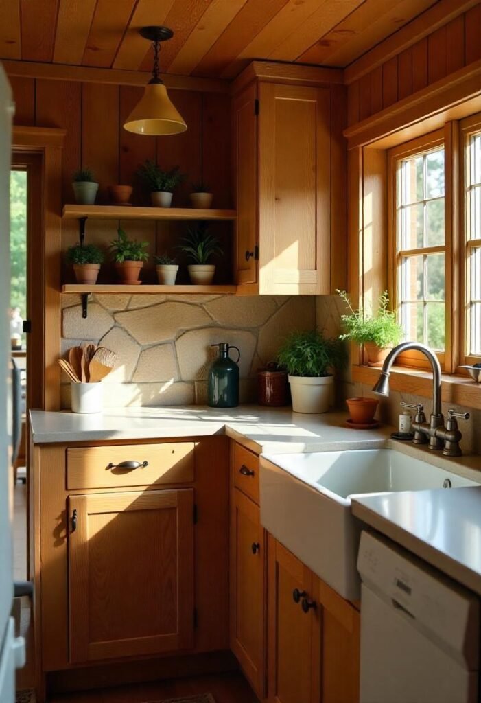 Rustic little cabin kitchen with wooden cabinets, a stone backsplash, and cozy vintage decor.