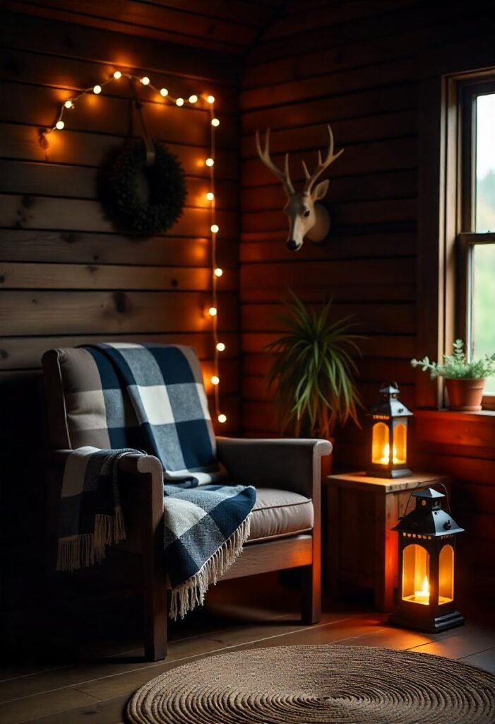 Rustic woodland small Cabin Decor Ideas with natural textures and cozy lighting.