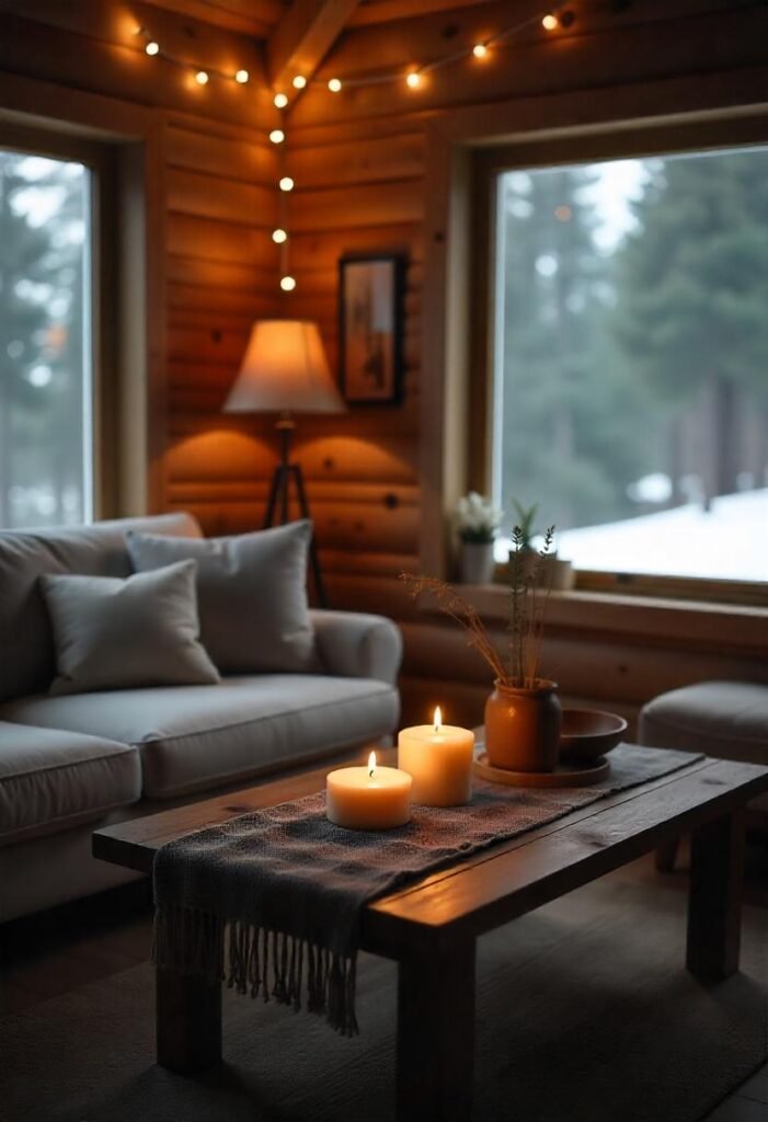 Scandinavian hygge small Cabin Decor Ideas with soft textures and gentle lighting.