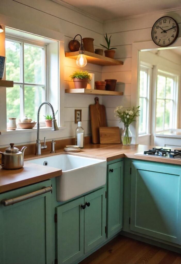 Farmhouse kitchen with shiplap walls, rustic cabinets, and a cozy country aesthetic.