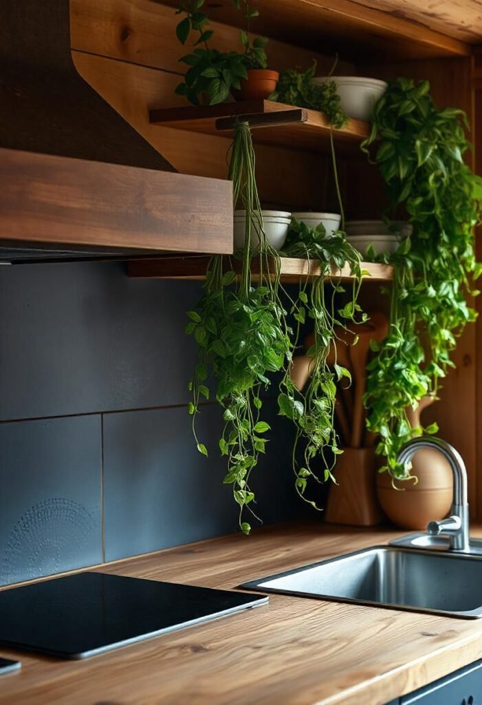 Nature-inspired little cabin kitchen featuring earthy colors and natural materials.