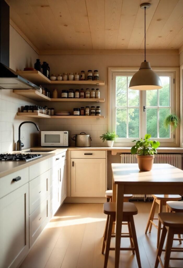 Scandinavian-style little cabin kitchen with minimalist decor and light wood finishes.