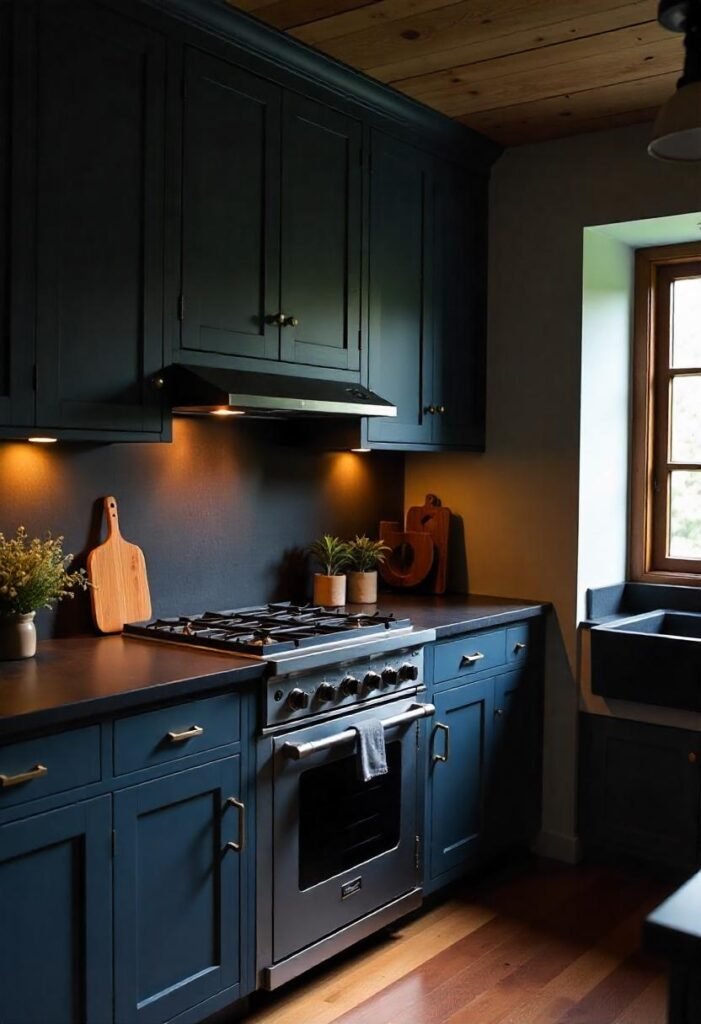  Dark and moody little cabin kitchen with bold cabinetry and elegant finishes.