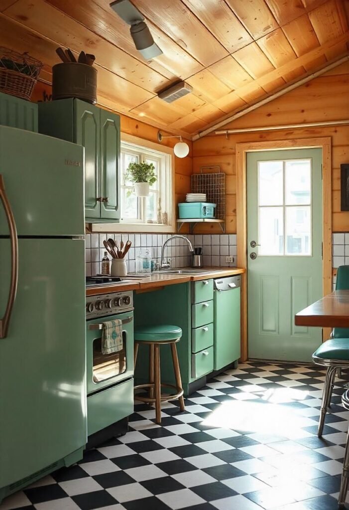 Vintage-style little cabin kitchen with retro appliances and nostalgic decor.