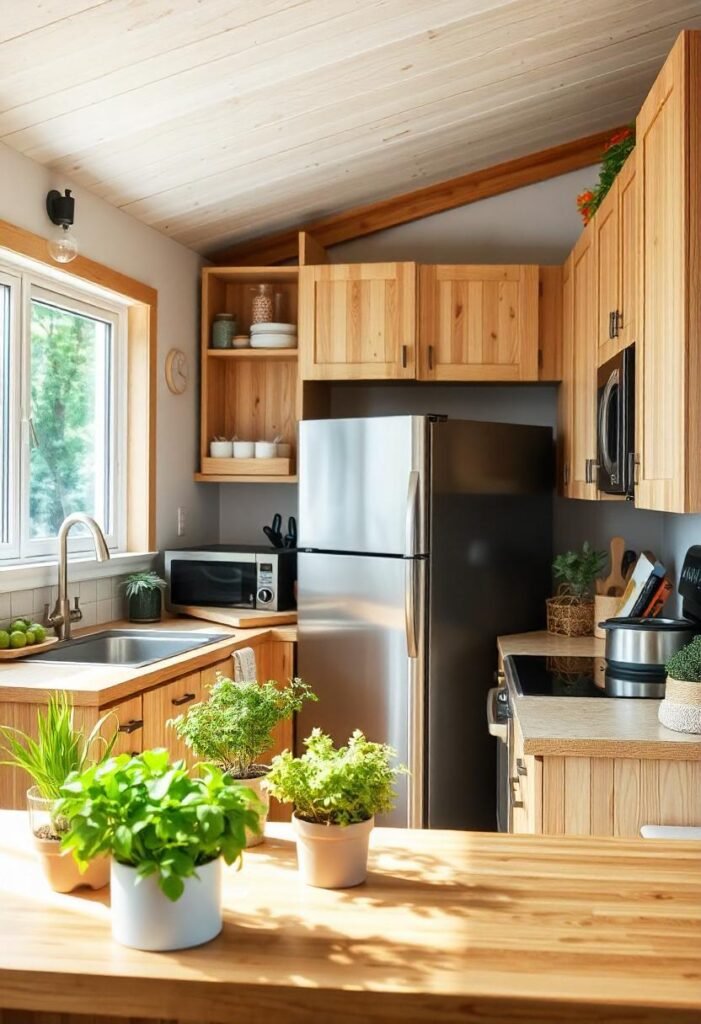 Eco-friendly little cabin kitchen with sustainable materials and green decor.