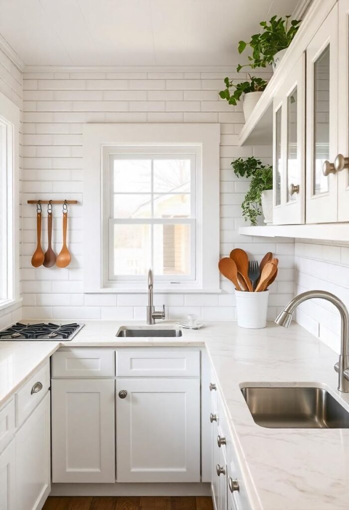 All-white kitchen with bright and timeless decor.