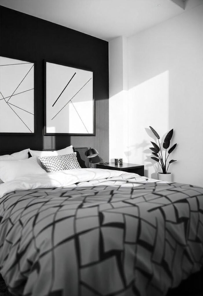 A stylish monochrome bedroom with sleek design, bold contrast, and modern accents.