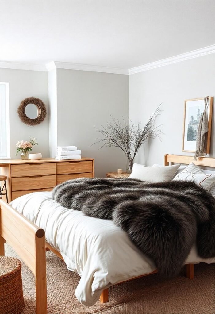 A hygge-inspired bedroom with a cozy and minimalist Scandinavian design, using natural elements and soft tones.