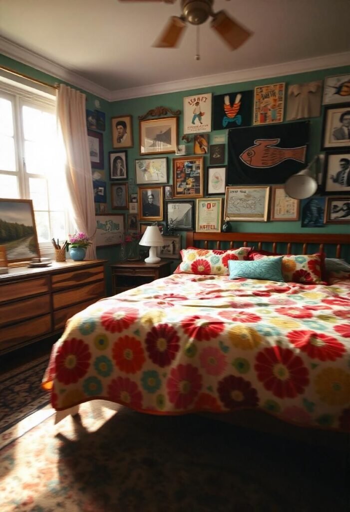 A vibrant, eclectic bedroom with a fun mix of bold patterns, textures, and accessories.