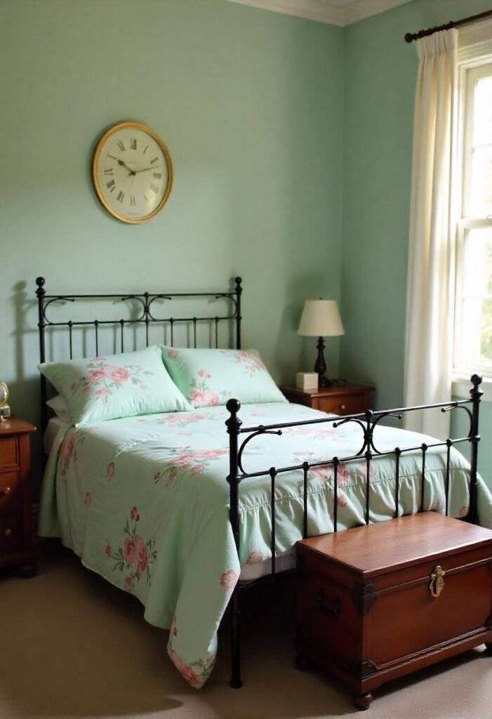 A timeless vintage bedroom with romantic bedding, antique accents, and soft pastel décor.