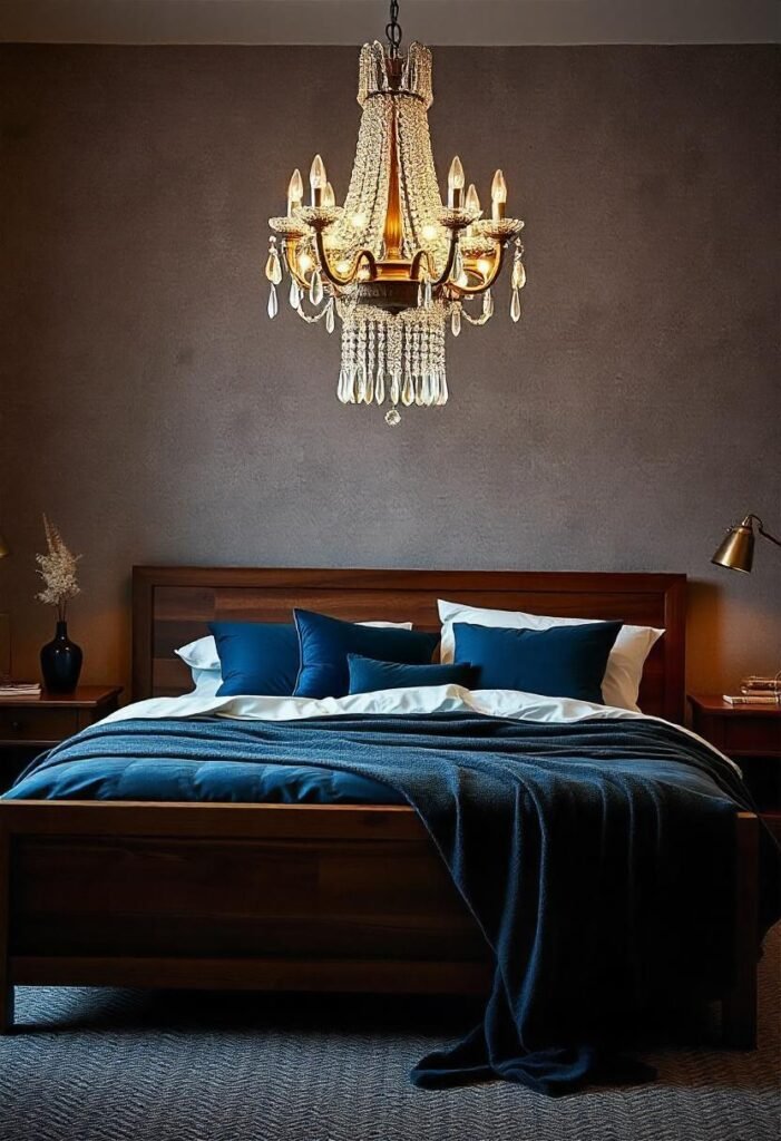 A rustic glam bedroom with natural wood and luxurious metallic accents for an elegant atmosphere.