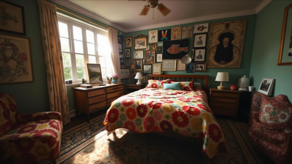 A vibrant, eclectic bedroom with a fun mix of bold patterns, textures, and accessories.