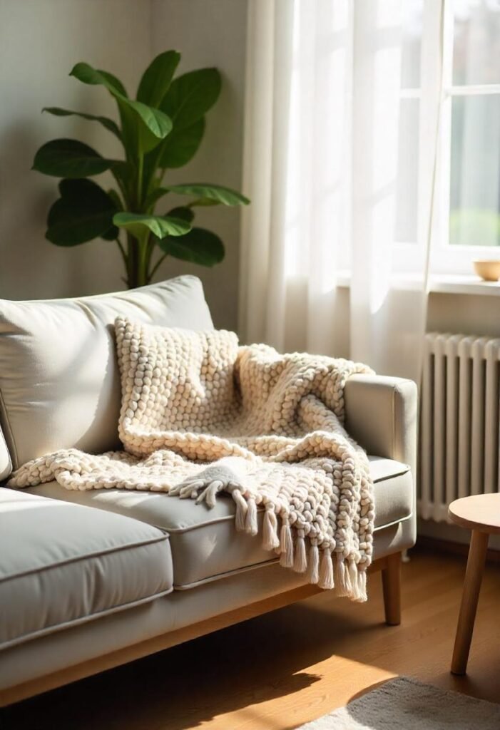 Beige woolen throw blanket on a light gray sofa with minimalist wooden furniture in a Scandinavian-style living room