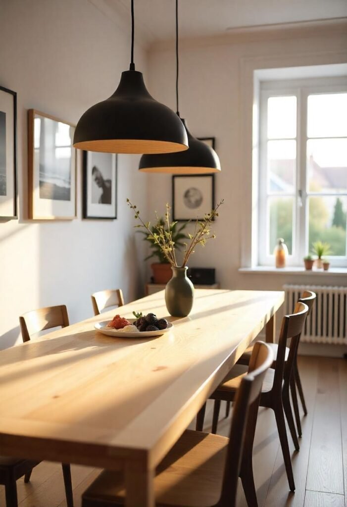 Scandinavian dining area featuring minimalist black metal pendant lighting over a wooden table.