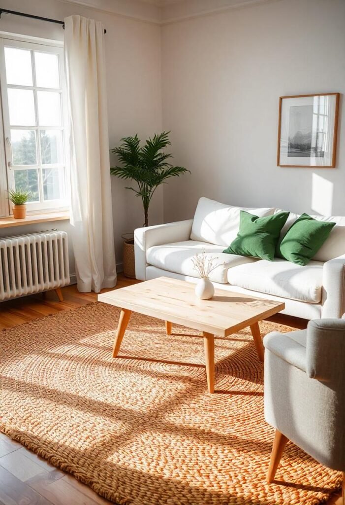 Scandinavian living room with a jute rug, light wooden coffee table, and white sofa with green pillows.