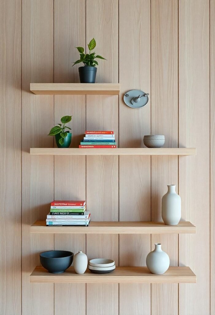 Floating wooden shelves decorated with plants, books, and ceramics in a Scandinavian-style room.