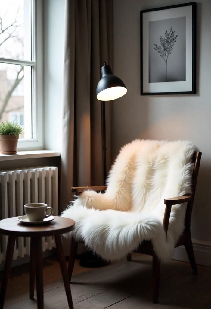 Scandinavian reading nook with a sheepskin throw on a wooden chair, beside a small side table and a cup of tea.