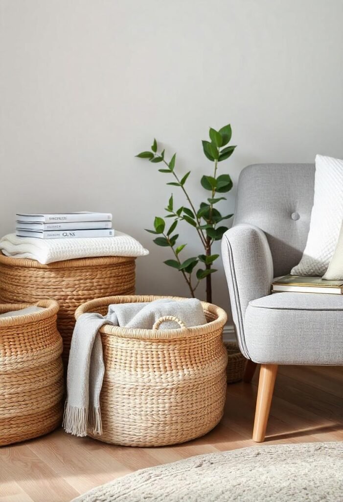 Natural fiber storage baskets filled with blankets and books in a Scandinavian-themed room.