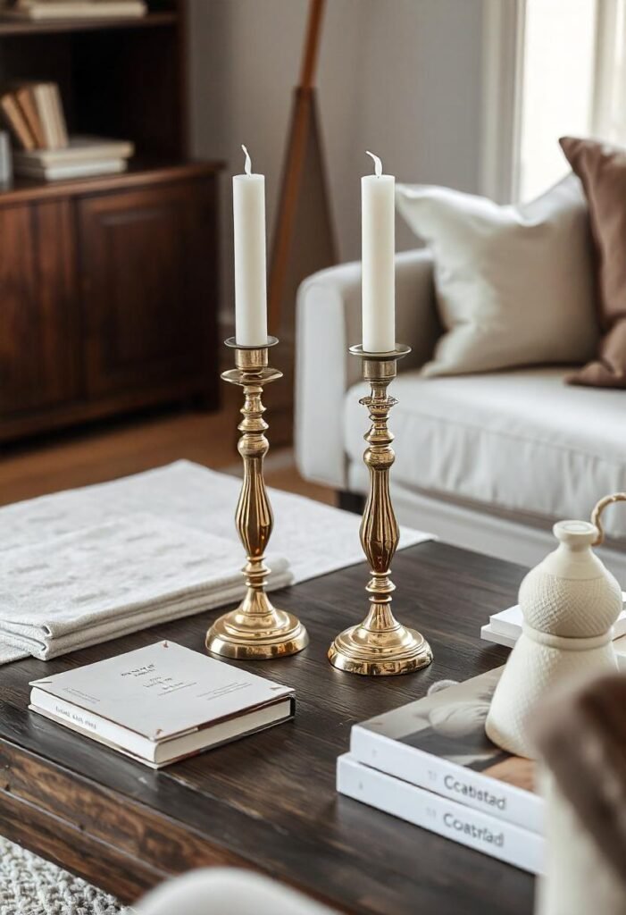 Scandinavian coffee table with brass candle holders and neutral-colored accents.