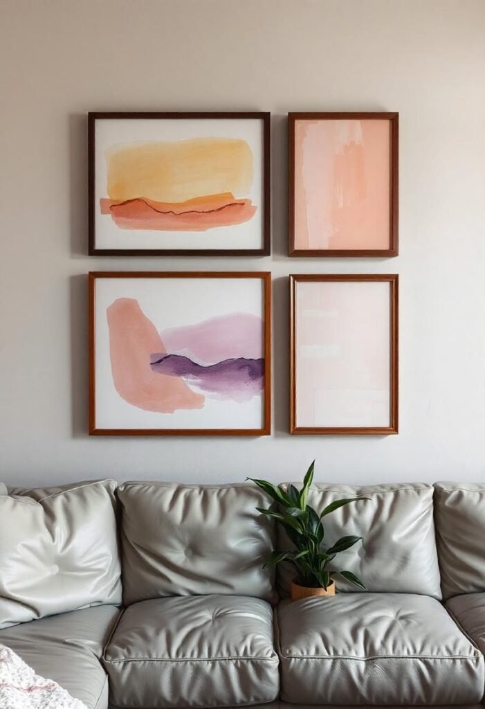 Scandinavian living room wall with abstract artwork in wooden frames above a light gray sofa.