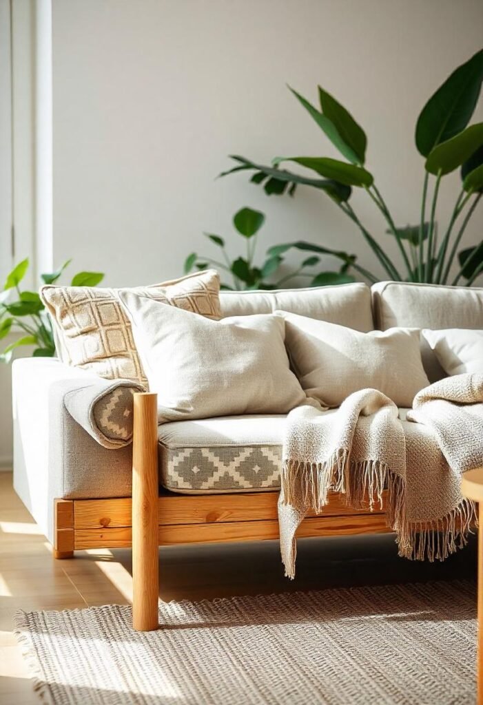 Scandinavian couch with neutral throw pillows and a woolen blanket in a cozy living room setting.