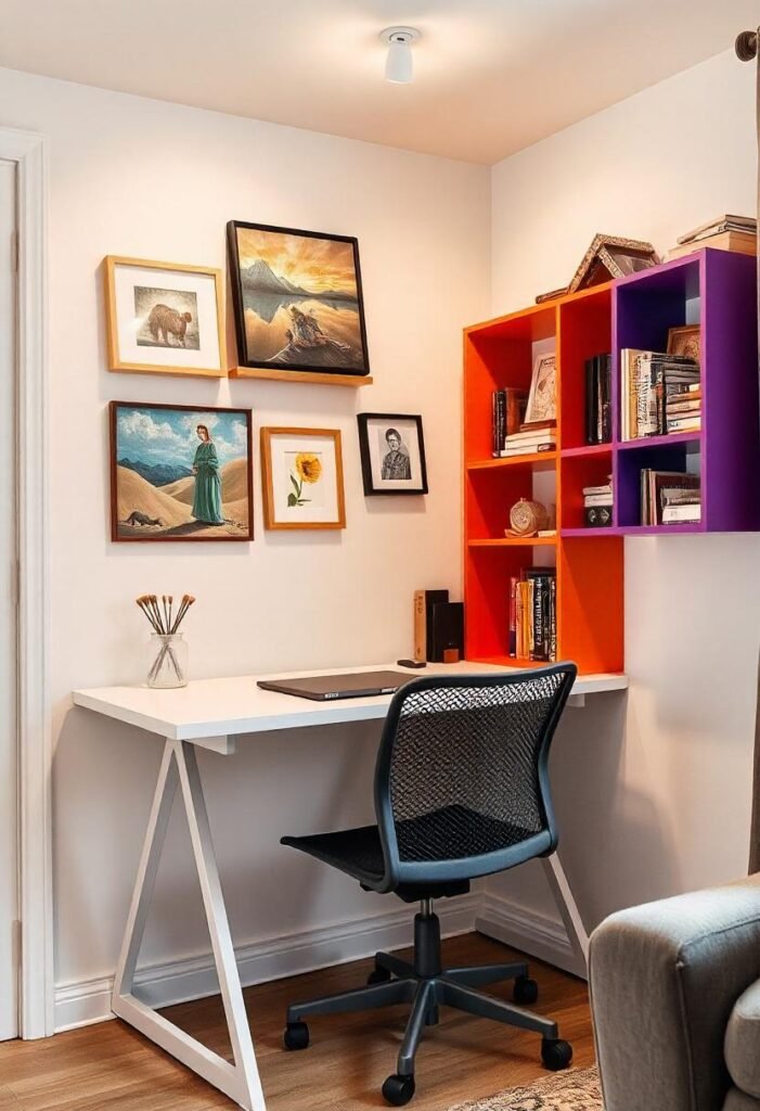 A compact workspace in a small apartment with a wall-mounted desk, shelves for storage, and a cozy chair, creating an efficient work nook.