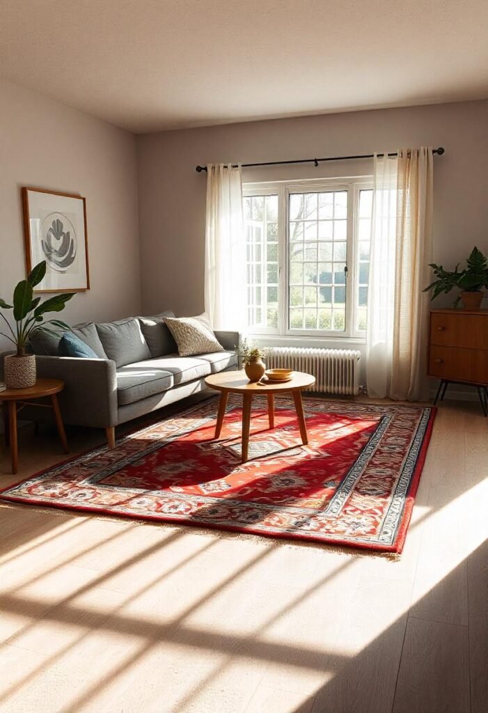 A small apartment living room featuring layered rugs, combining neutral and vibrant patterns for a stylish, cozy look.