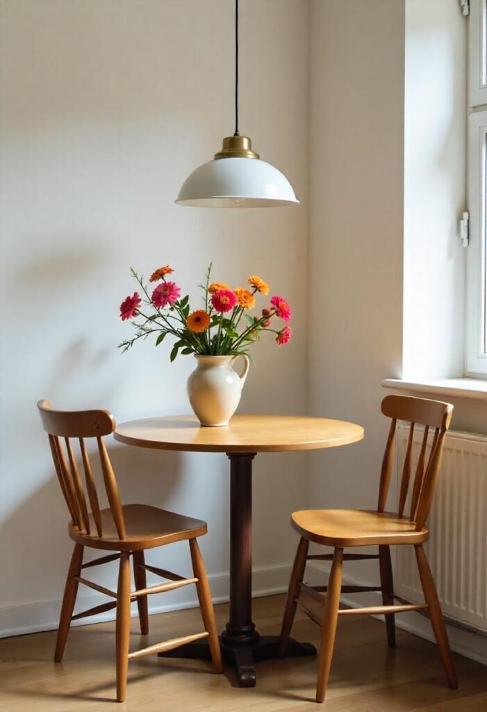 A small apartment dining nook with a round table, two chairs, and soft lighting, creating a cozy yet functional eating space.