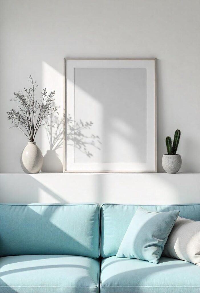 A small apartment living room with a gallery ledge above the sofa, featuring curated art and decor for a stylish yet personal touch.