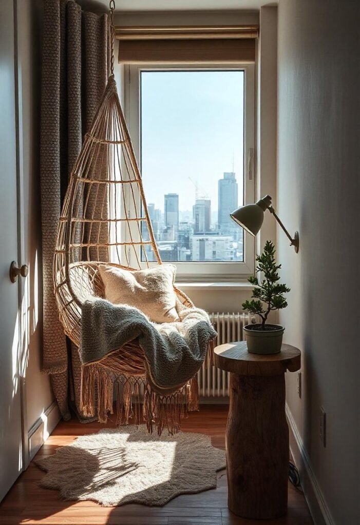 A stylish small apartment corner featuring a hanging chair with plush cushions, adding a bohemian and functional touch.