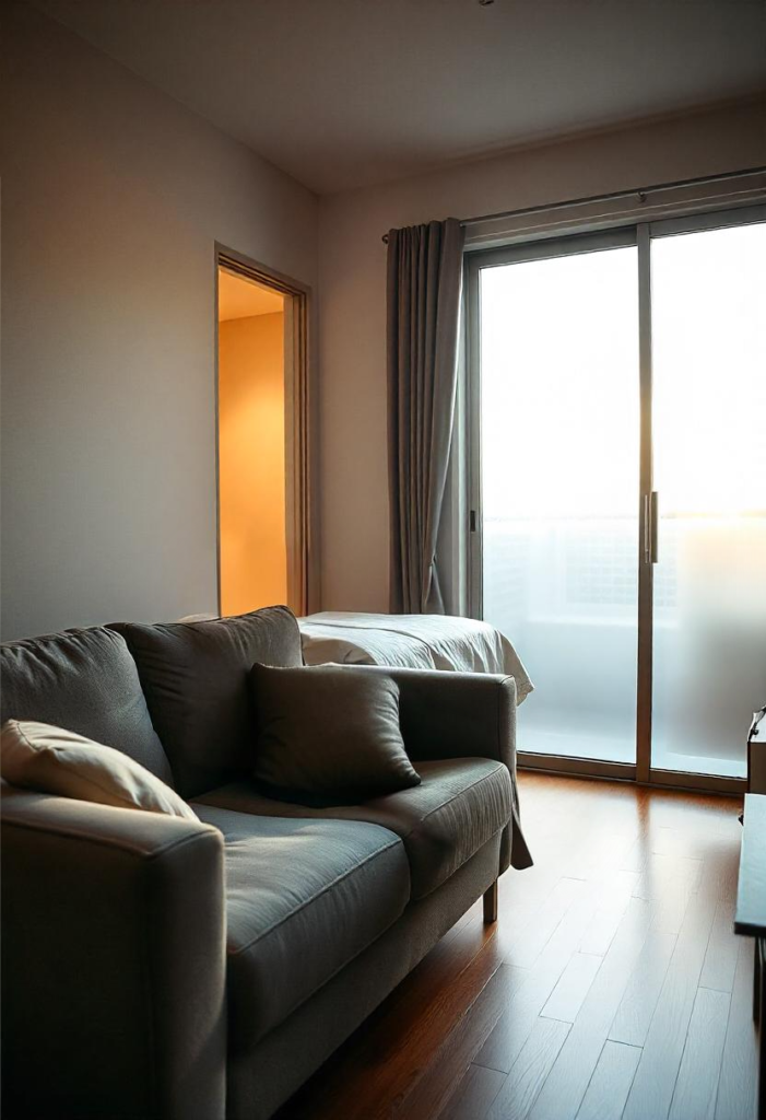 A small apartment featuring frosted sliding doors, creating separation without compromising space or light.