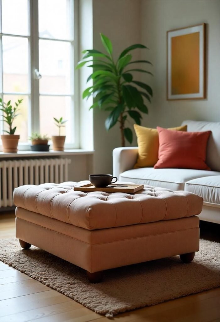 A small apartment living room featuring a storage ottoman as a coffee table, combining practicality with stylish design.