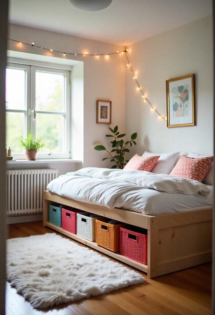 A small apartment bedroom with stylish under-bed storage, keeping the space tidy and functional.