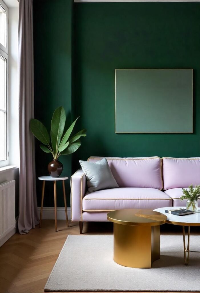 A small apartment featuring a bold green accent wall, creating depth and a sophisticated atmosphere.