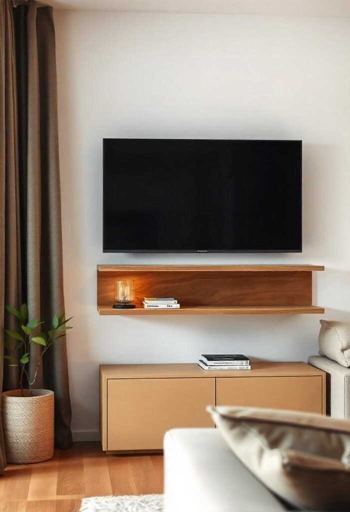 A modern small apartment living room featuring a wall-mounted TV and a floating shelf, creating a sleek and space-saving setup.