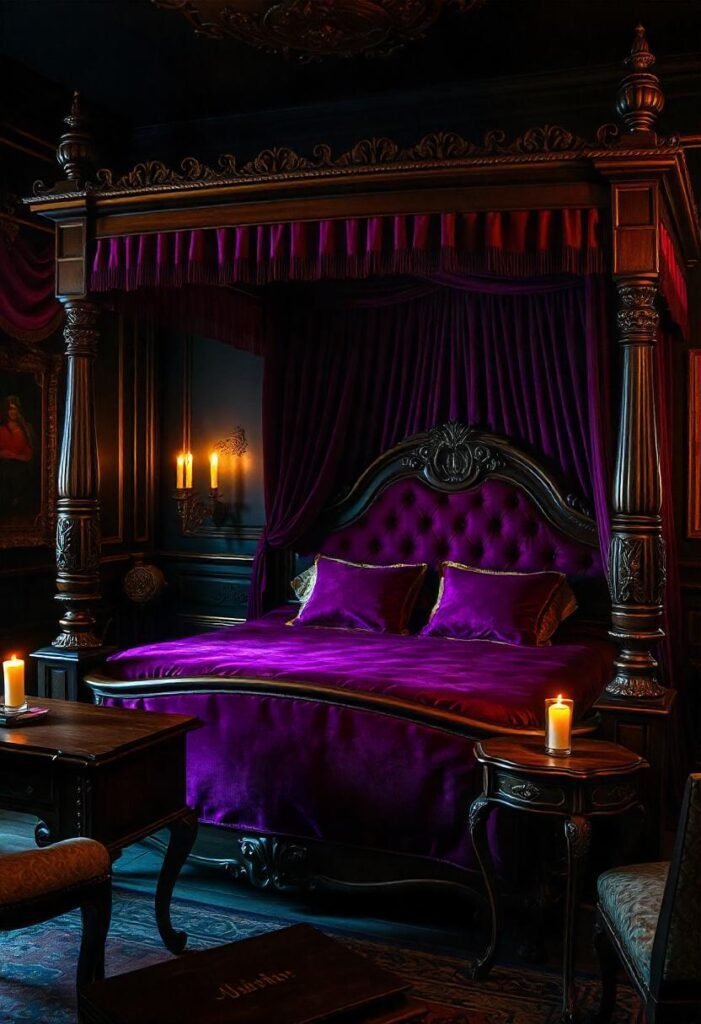 Classic gothic bedroom with elegant furnishings, dark tones, and moody lighting.