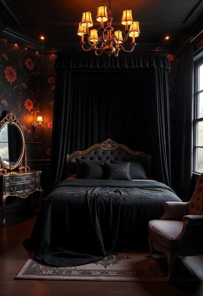  Romantic gothic bedroom with floral elements and delicate, dark decor.