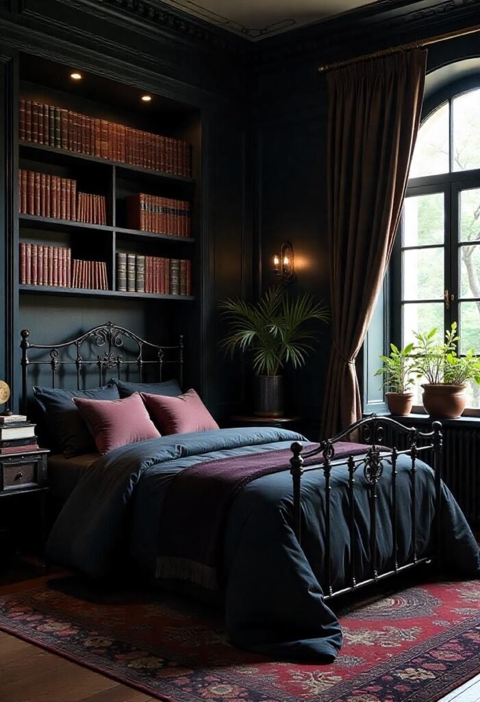 Dark academia gothic bedroom featuring vintage decor and cozy, intellectual vibes.