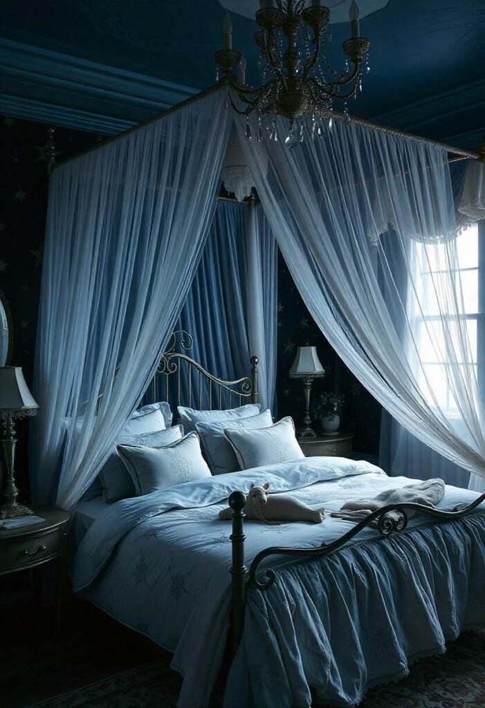 Mystical bedroom with airy drapes and celestial-inspired decor.